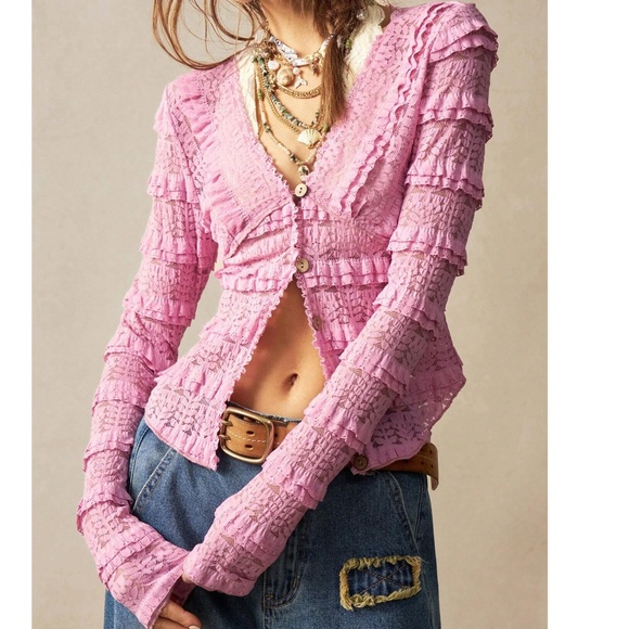 Boho Fitted Button Down Frill Ruffle Detail Long Sleeve top - Picture 5 of 11